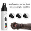 Lijadora eléctrica portátil para uñas de mascota blanca con tapa y batería negra, junto a una pata de gato.