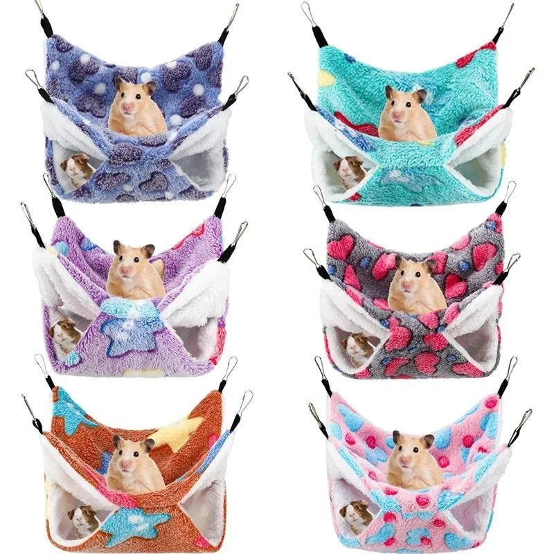 A collection of cozy double-layer fleece hammocks for small pets in various colors and patterns.