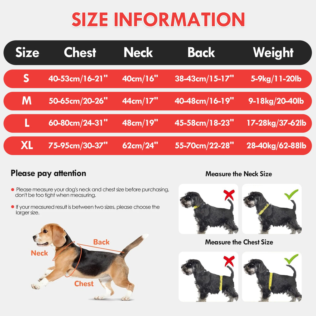 Tabla e ilustraciones de medidas para un chaleco salvavidas para perros.