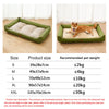 A set of green orthopedic dog beds in various sizes S to XXL shown on a wooden floor.