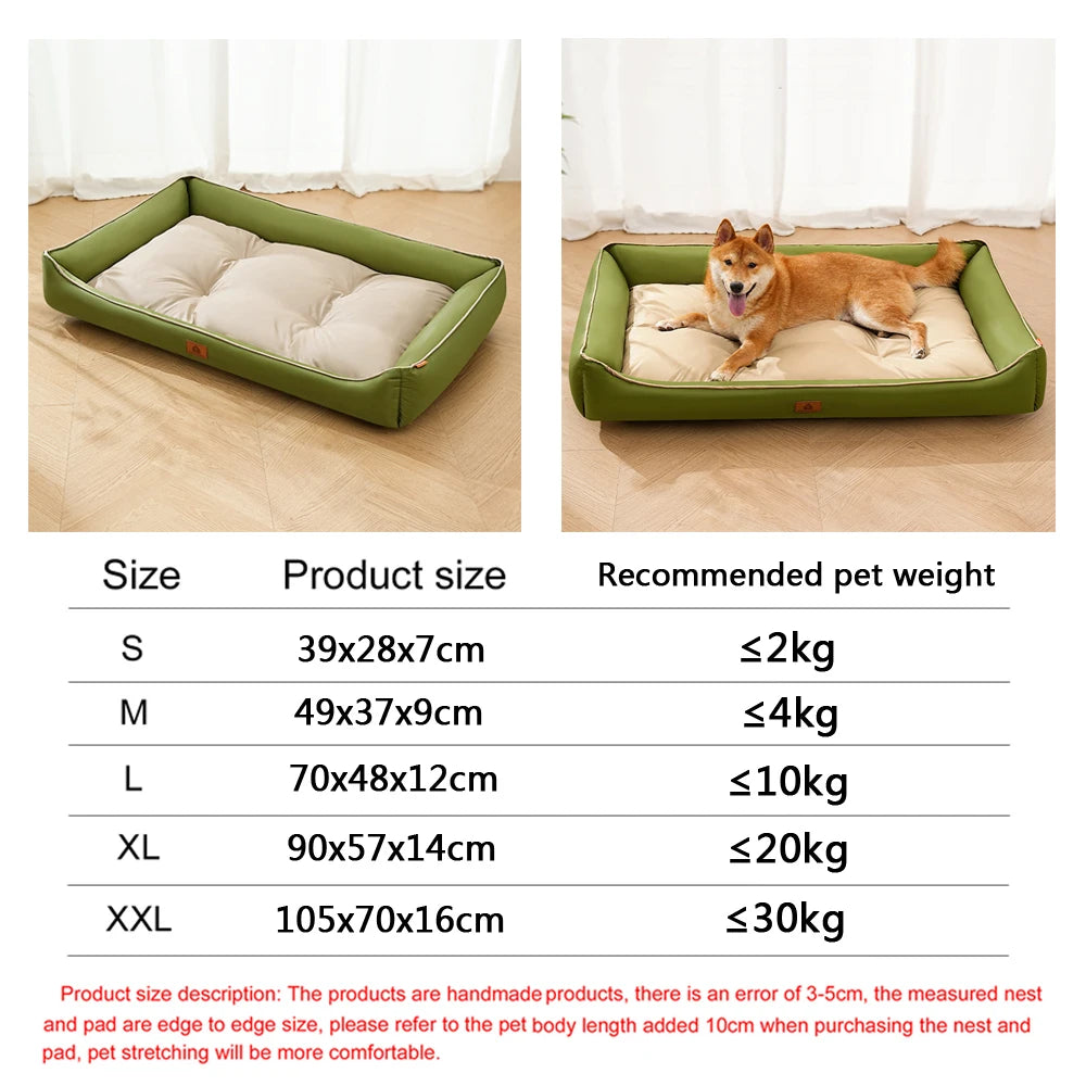 A set of green orthopedic dog beds in various sizes S to XXL shown on a wooden floor.