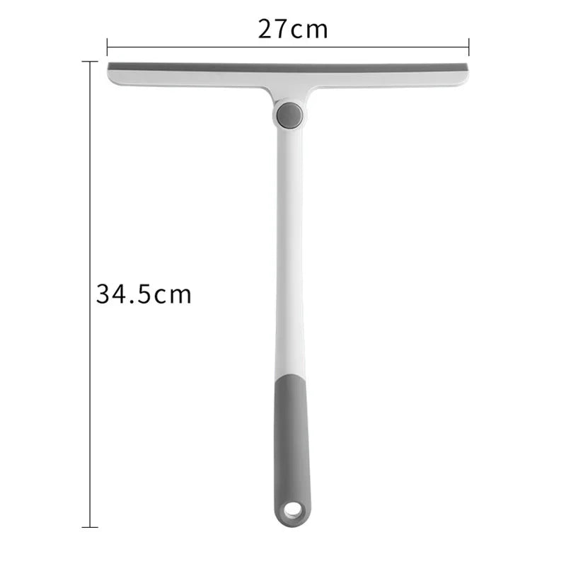 A white shower squeegee with a gray handle and silicone holder, shown with dimensions.