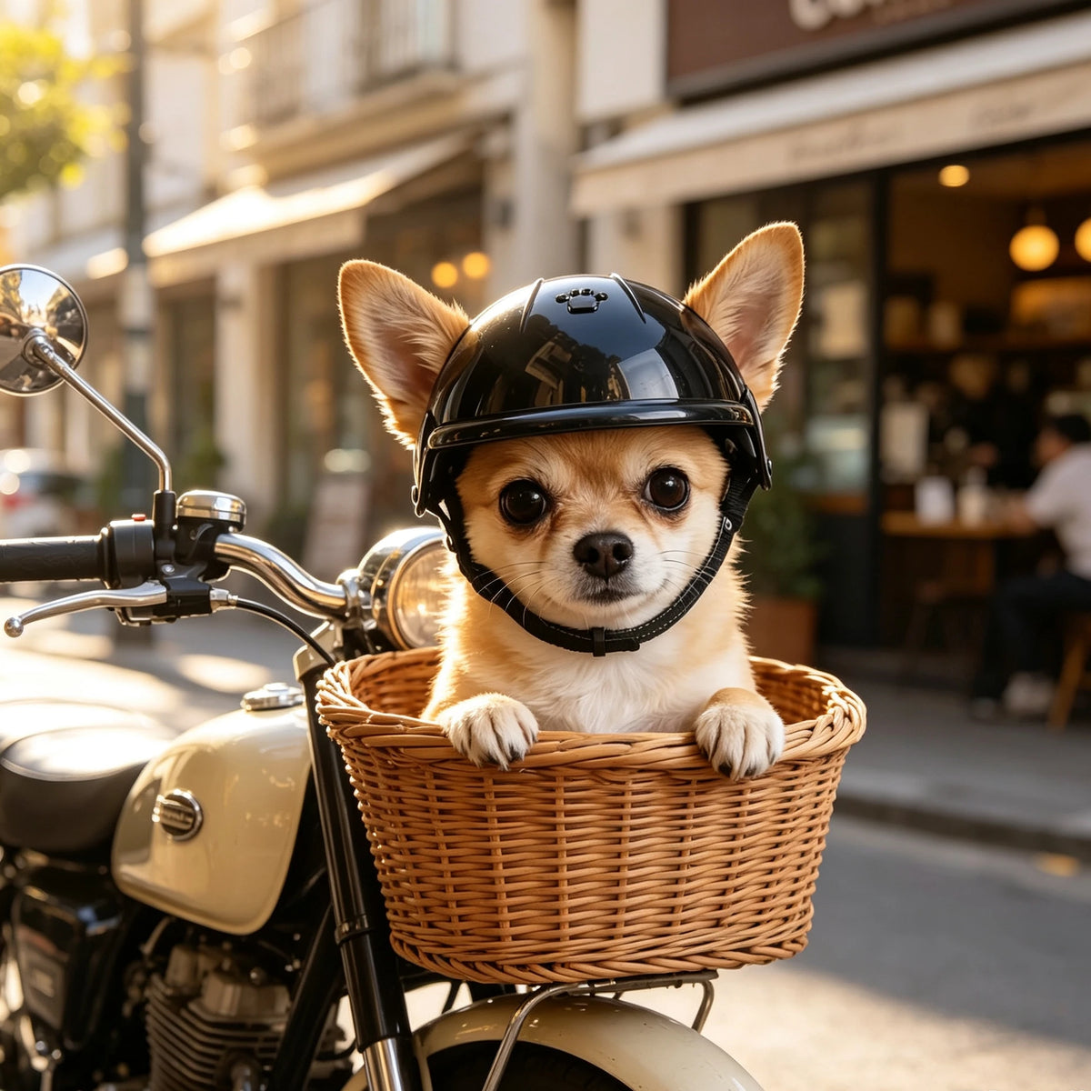 Un perro pequeño y peludo con un casco de seguridad negro sentado en una motocicleta vintage.