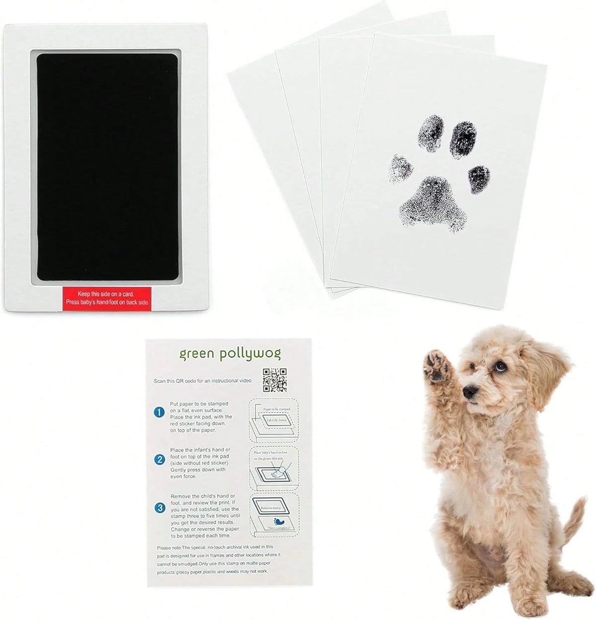 A set of pet paw prints on white cards with an instruction sheet for making inkless pet paw prints
