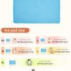 A parameter chart showing the size specifications for various ice pad sizes of a washable cooling dog mat, from XS to 4XL.