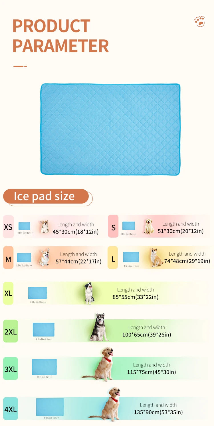 A parameter chart showing the size specifications for various ice pad sizes of a washable cooling dog mat, from XS to 4XL.