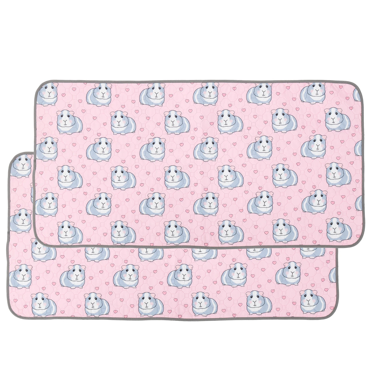 A seamless pattern of light blue and white guinea pigs on a pink background for a reusable absorbent cage liner.