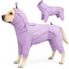 A purple durable waterproof pet raincoat for dogs shown in a side profile view.