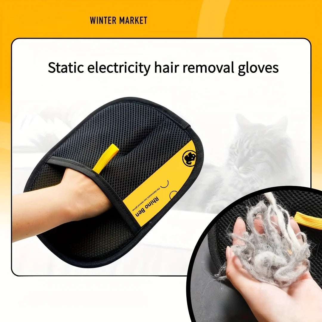A hand is using a black static electricity hair removal glove to remove pet hair from a cat.