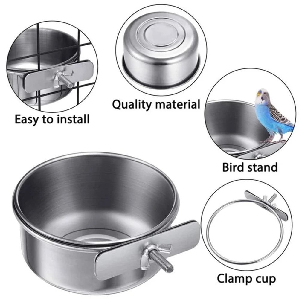 Stainless steel clamp-on pet feeding bowl designed as a bird stand and clamp cup for cages