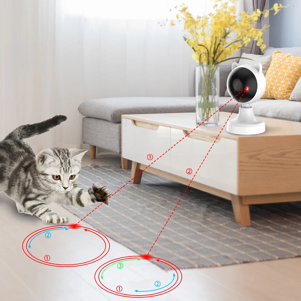 A cat interacts with an automatic laser toy that projects a red dot onto the floor.