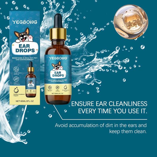 A bottle of Yegbong Ear Drops for pets with a dog illustration and water droplets.