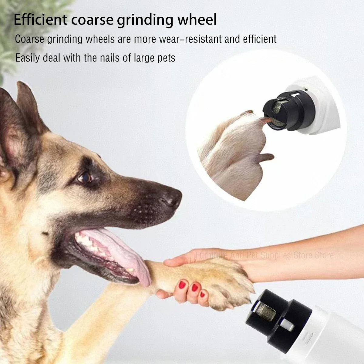 A dog is being groomed with a white electric nail grinder, demonstrating efficient coarse grinding for pet nails.