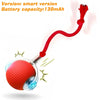 A red and clear silicone ball with a red cord is shown, representing a smart version of an interactive rolling cat toy.