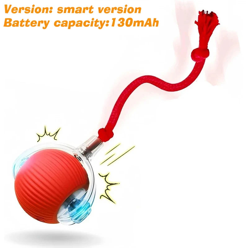 A red and clear silicone ball with a red cord is shown, representing a smart version of an interactive rolling cat toy.