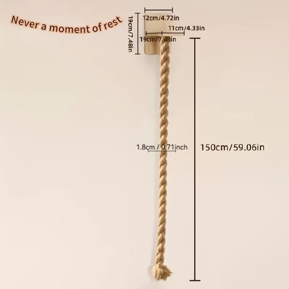 A wall-mounted cat scratching post made of thick, natural twine or rope.
