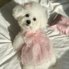A fluffy white dog wearing a pink tulle dress with a bow lying on a white sheet.