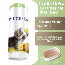 A roll of cat litter bags showing a kitten and dimensions for cat litter boxes