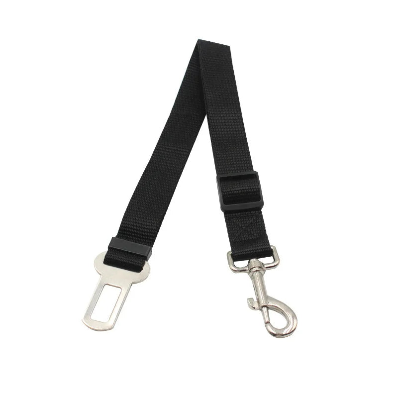 Black retractable dog car seatbelt tether with a metal clip and buckle.
