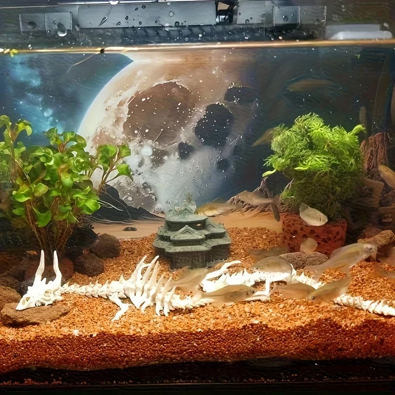 An aquatic scene featuring a dragon skeleton decoration in an aquarium with a moon-like sphere background.