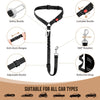 Diagram showing features of an adjustable dog car seat belt including safety buckle, lockable buckle, bungee, and reflective 
