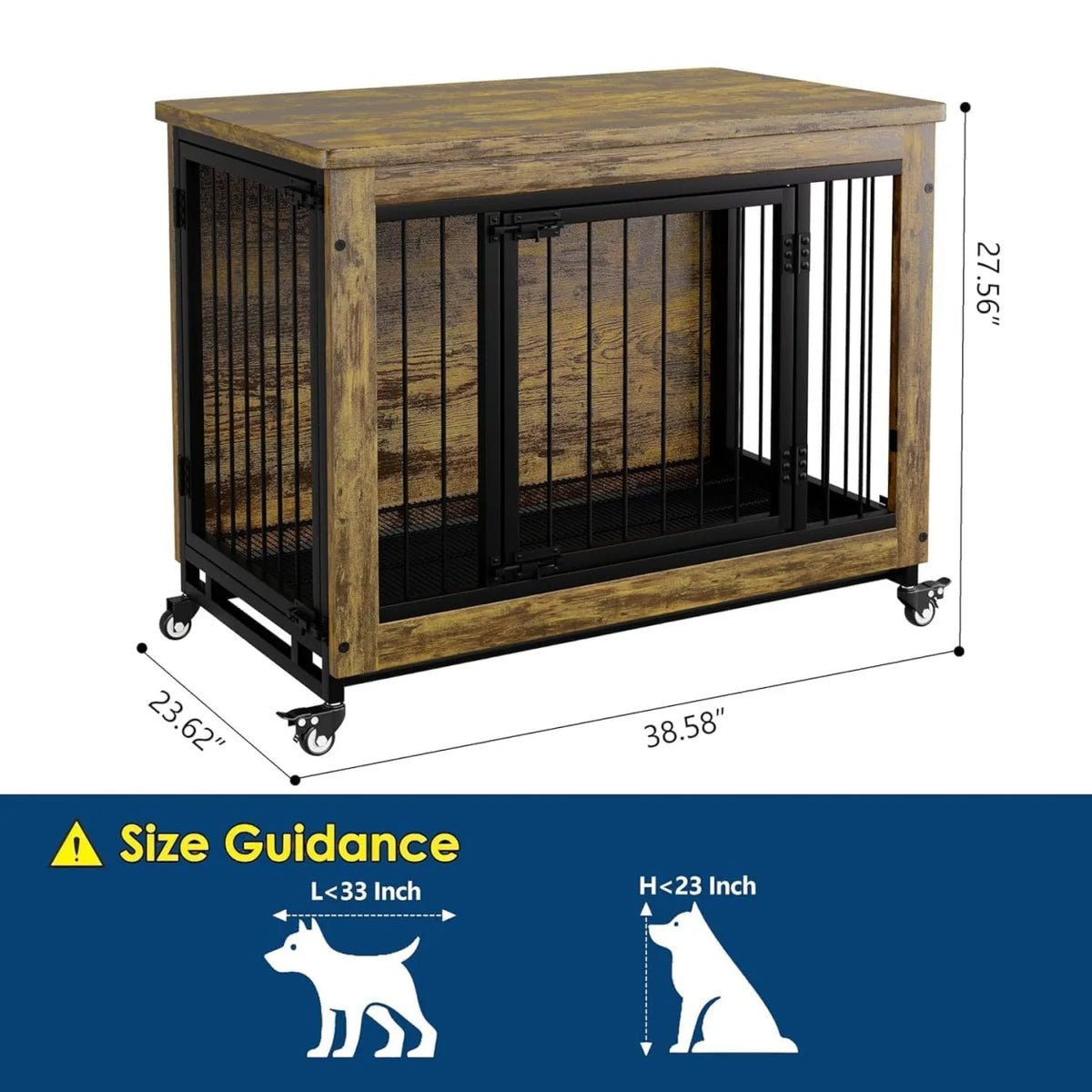 A wooden dog crate furniture with a black frame and wheels shown from the side.