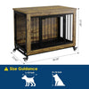 A wooden dog crate furniture with a black frame and wheels shown from the side.