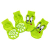 A pack of four bright lime green anti-scratch cotton pet socks featuring cartoon faces.