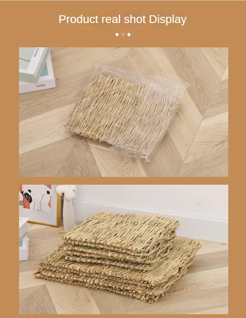 A display of natural straw woven mats stacked and spread out on a wooden surface.