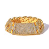 A gold-toned curved flip buckle Cuban link necklace featuring pave diamonds.