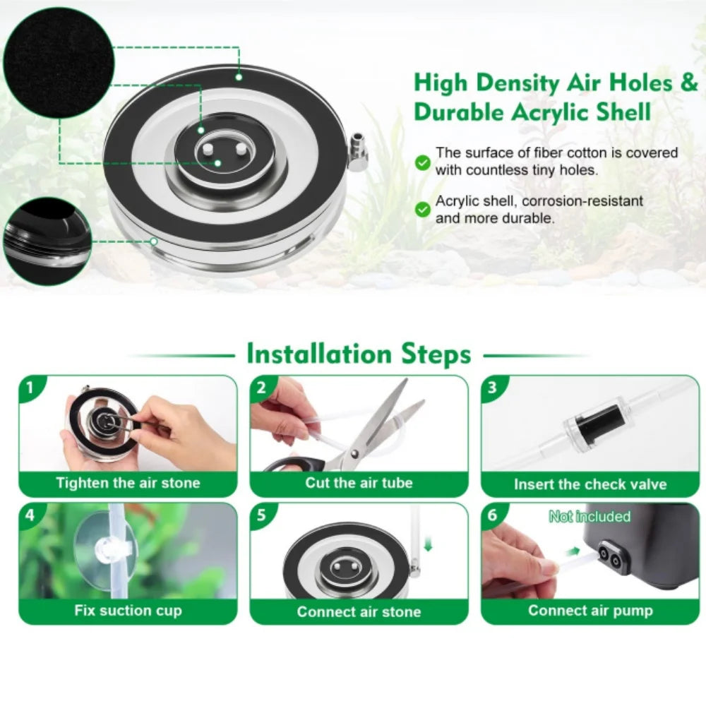 A set of high-density air holes and durable acrylic shells for oxygen diffusion fish tank air stones with installation steps 