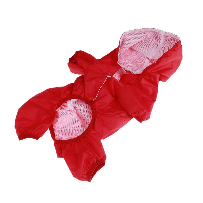 A bright red waterproof raincoat for dogs, shown flat.
