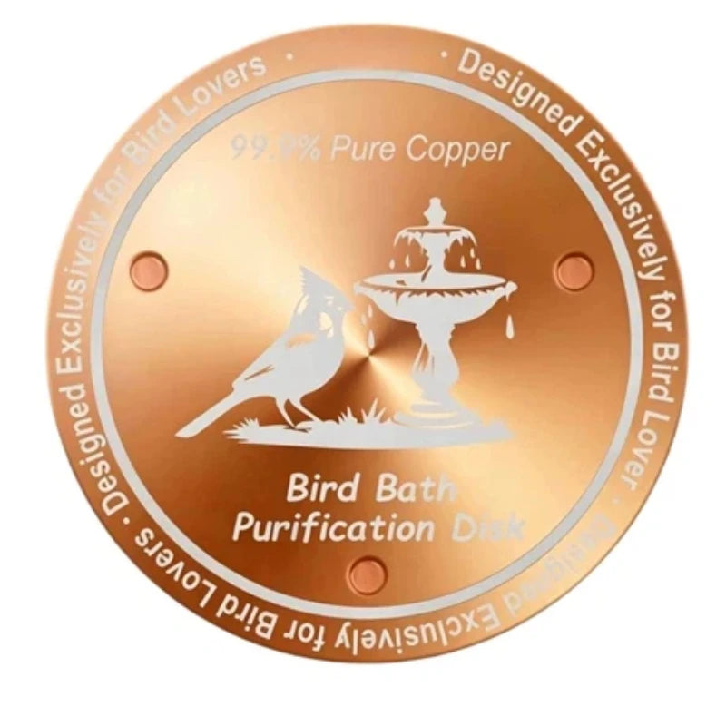 A round, polished copper disc used for bird bath purification.