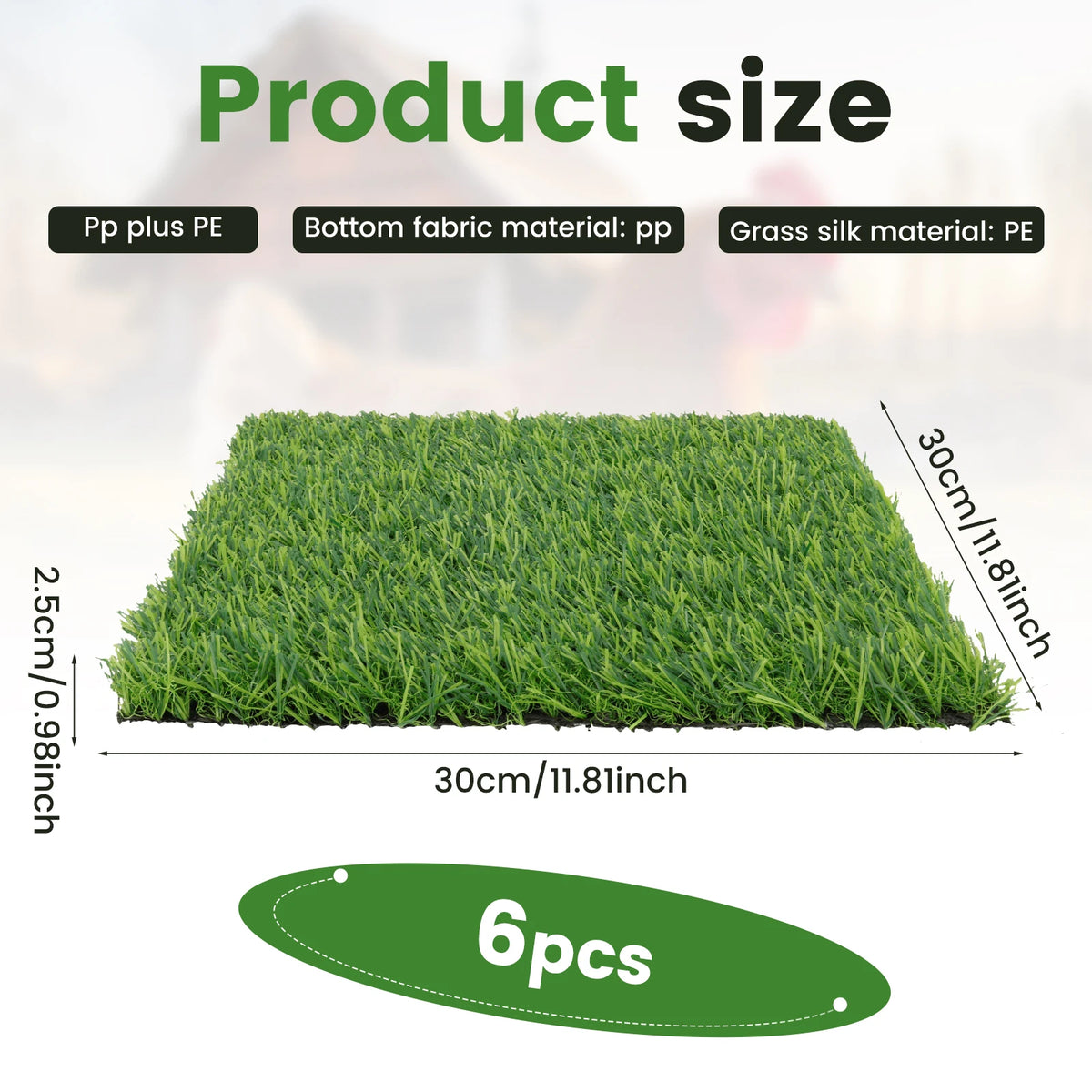 A rectangular pad of green grass-like material is shown next to text detailing the product size and materials.