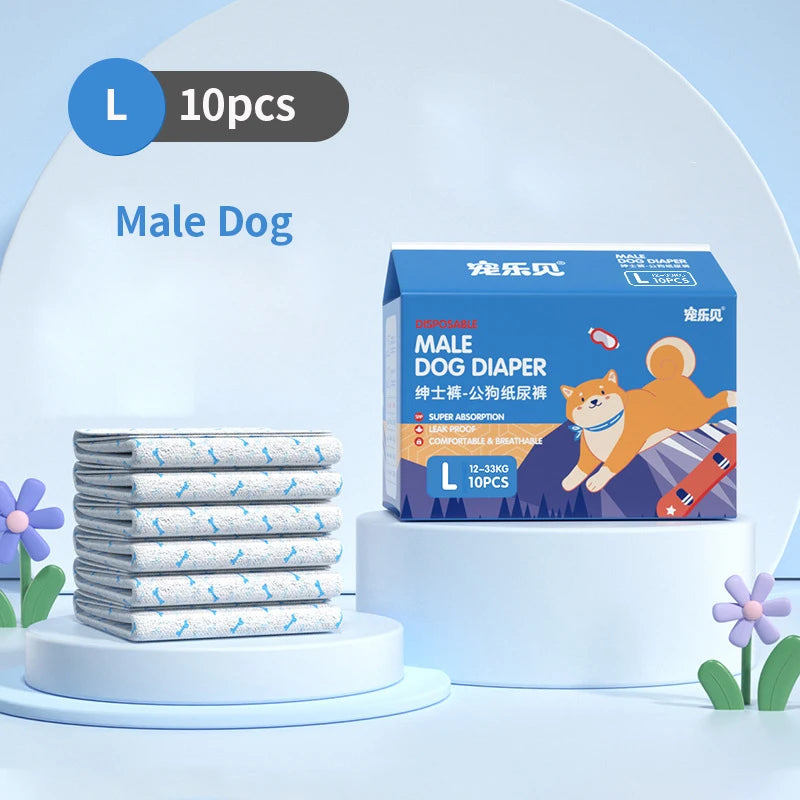 Eine Box mit 10 Einweg-Hundierutschhosen für Männchen wird auf einem weißen Ständer mit blauem Hintergrund präsentiert.