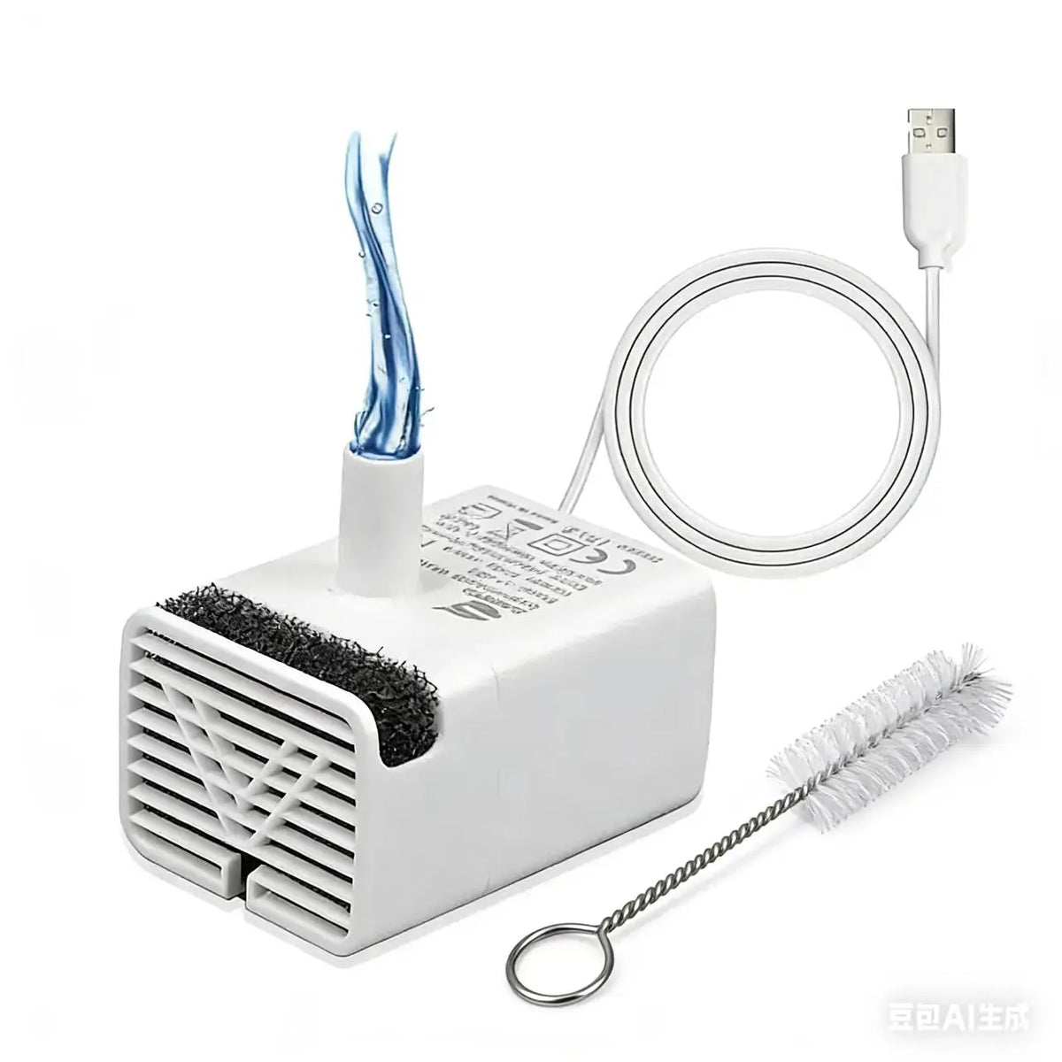 A white replacement pump for a cat water fountain is shown with a blue tube and a power cord.