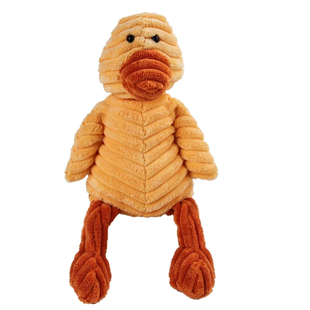 Juguete masticable para perros de peluche naranja con dientes y patas marrones.