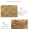 Close-up of hand-woven natural straw mat showing intricate texture and fibers.