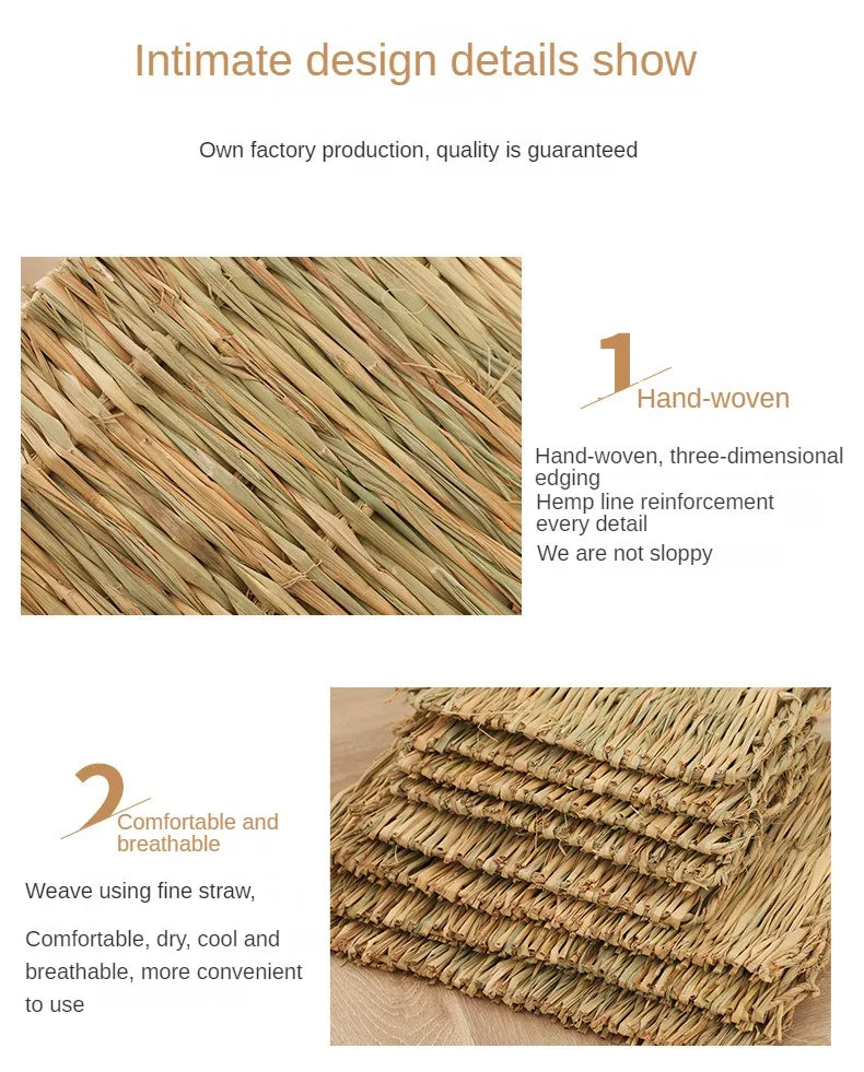 Close-up of hand-woven natural straw mat showing intricate texture and fibers.