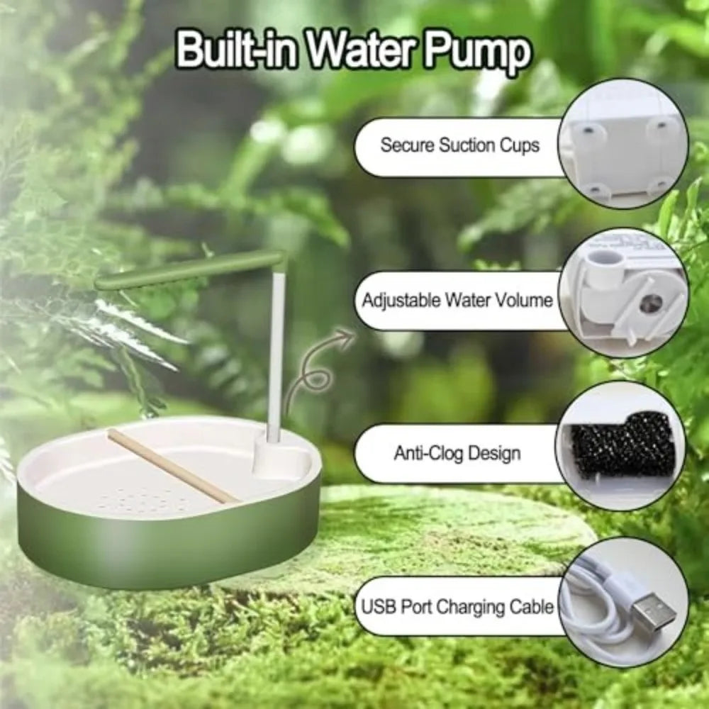 Automatic bird bathtub featuring secure suction cups, adjustable water volume, anti-clog design, and USB port charging cable.
