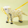 Un impermeable para cachorro blanco con detalles amarillos y una correa amarilla, mostrado contra un fondo verde claro.