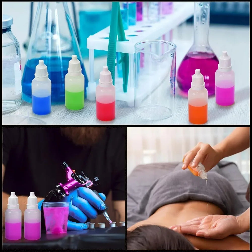 Various colored liquid droppers and vials arranged on a white surface.
