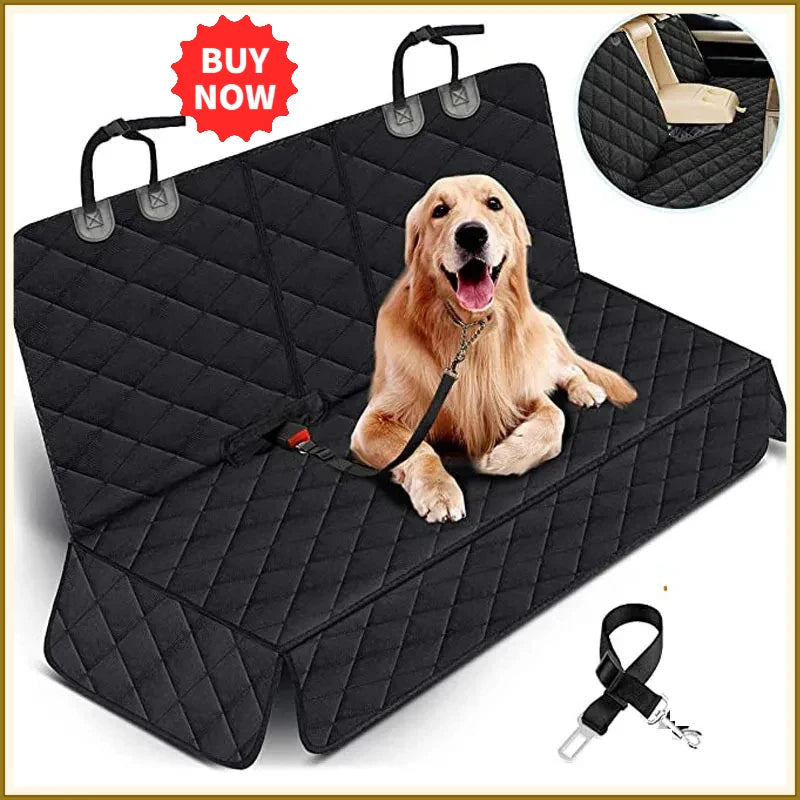 A black quilted waterproof car dog seat cover mat with a golden retriever dog lying on it.