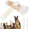 A bundle of long cotton swabs with white tips for pet ear cleaning, alongside several dogs and a cat.