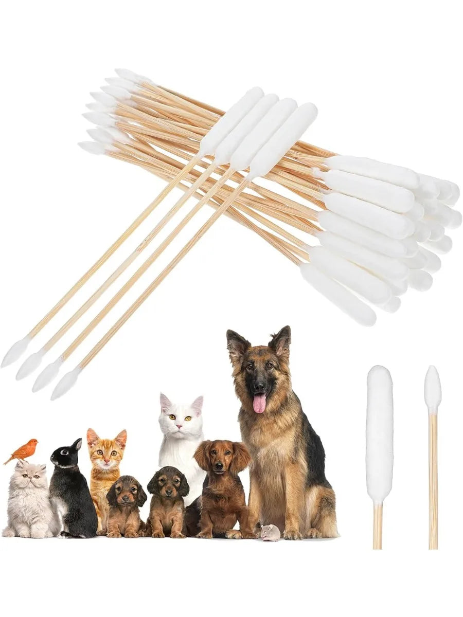 A bundle of long cotton swabs with white tips for pet ear cleaning, alongside several dogs and a cat.