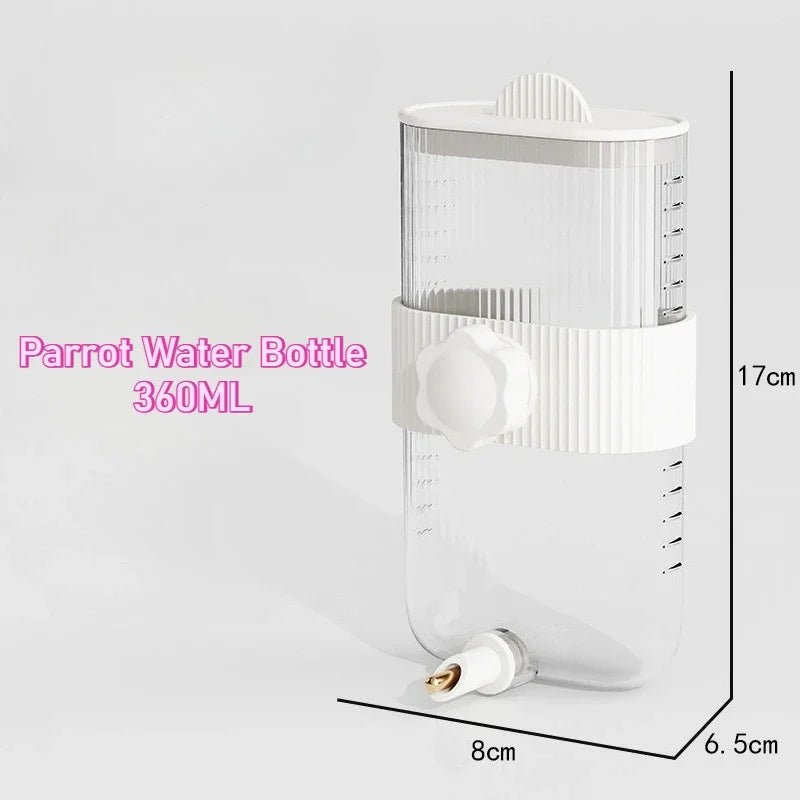 A clear plastic Parrot Water Bottle with a white lid and a silicone tube, shown in a side view.