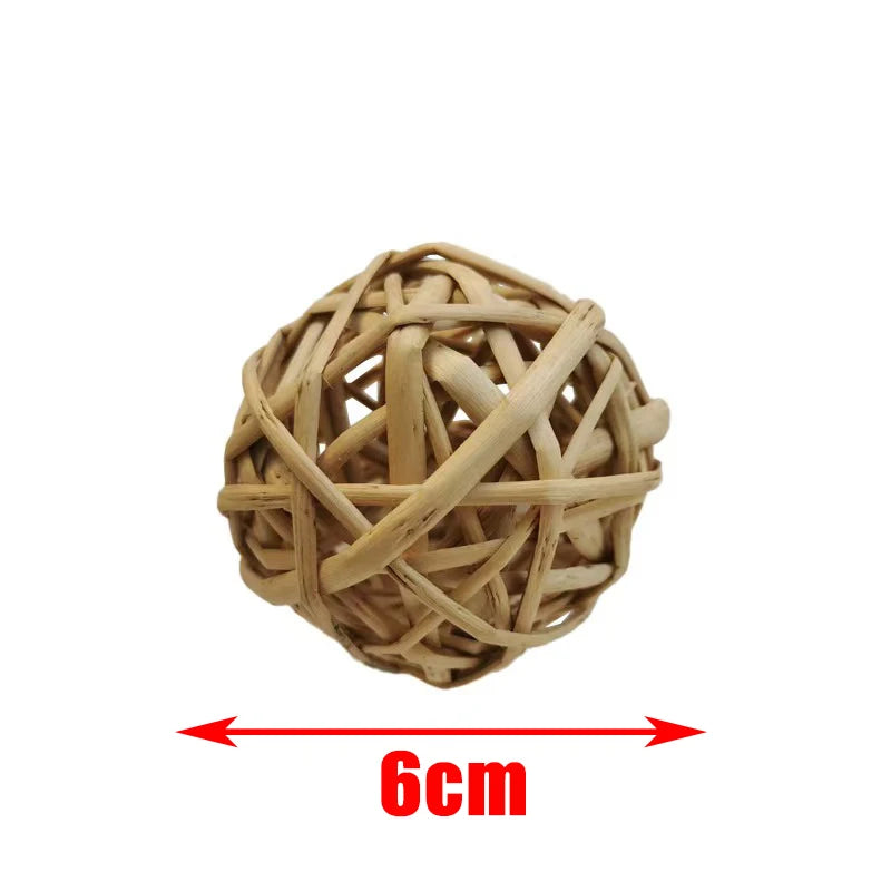 A spherical chew toy made of woven natural wood for small rodents.