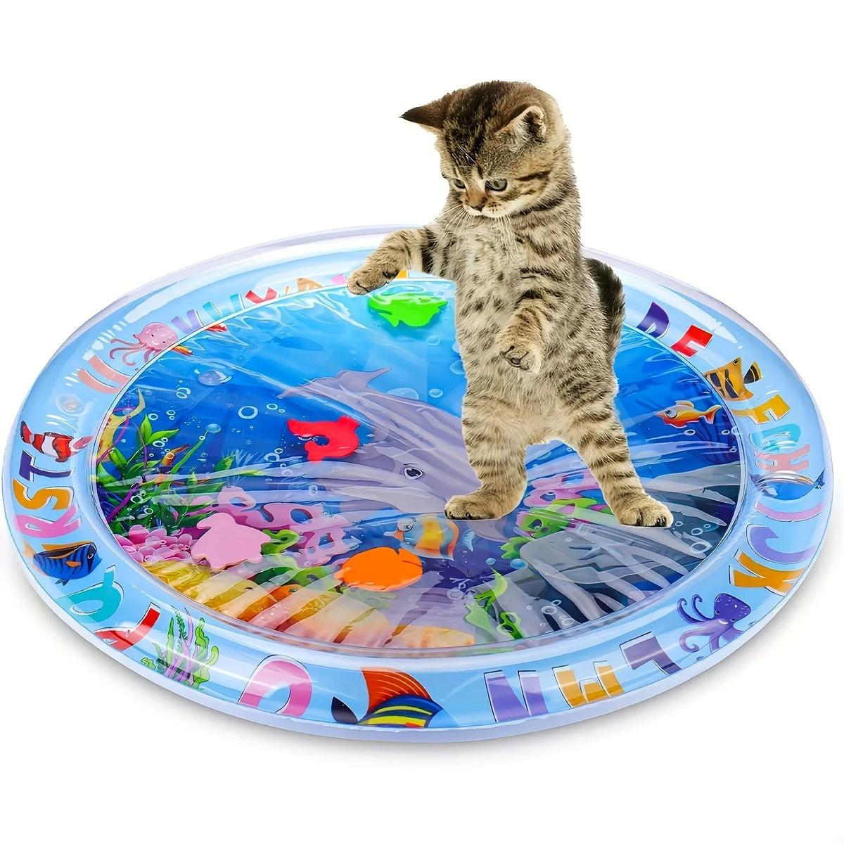 Un chaton tigré se tient sur un tapis sensoriel anti-éclaboussures coloré avec divers motifs aquatiques et abstraits.