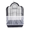 A black mesh bird cage with a clear plastic cover and dome top.