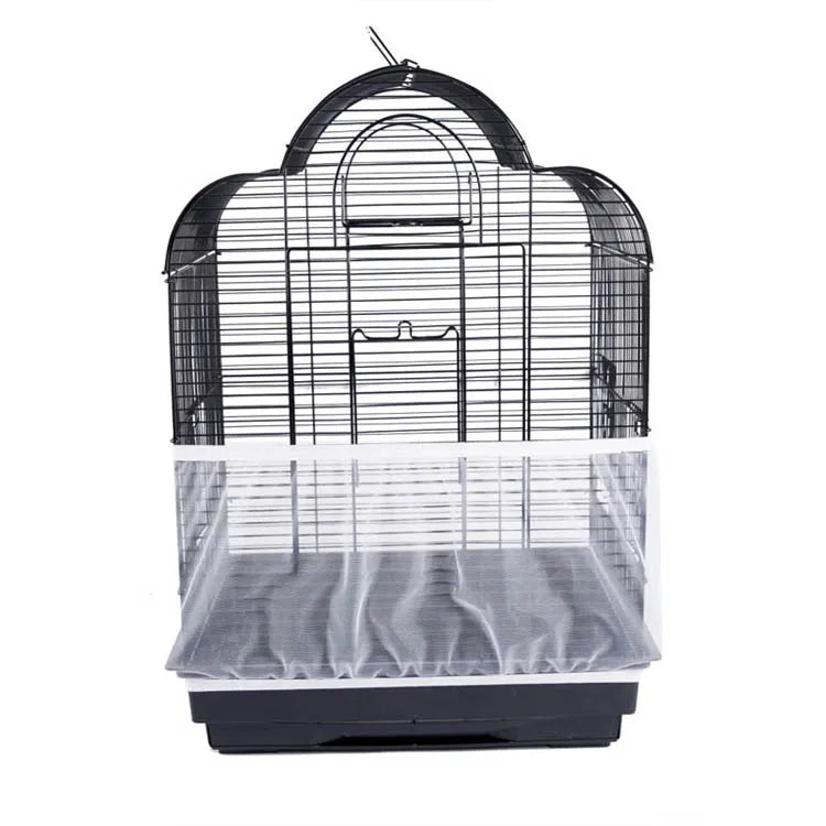 A black mesh bird cage with a clear plastic cover and dome top.